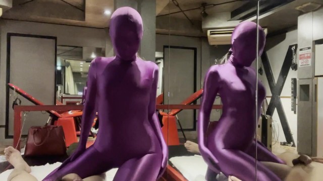 Mistress in Purple Zentai gives him Handhob to cum Japanese Porn